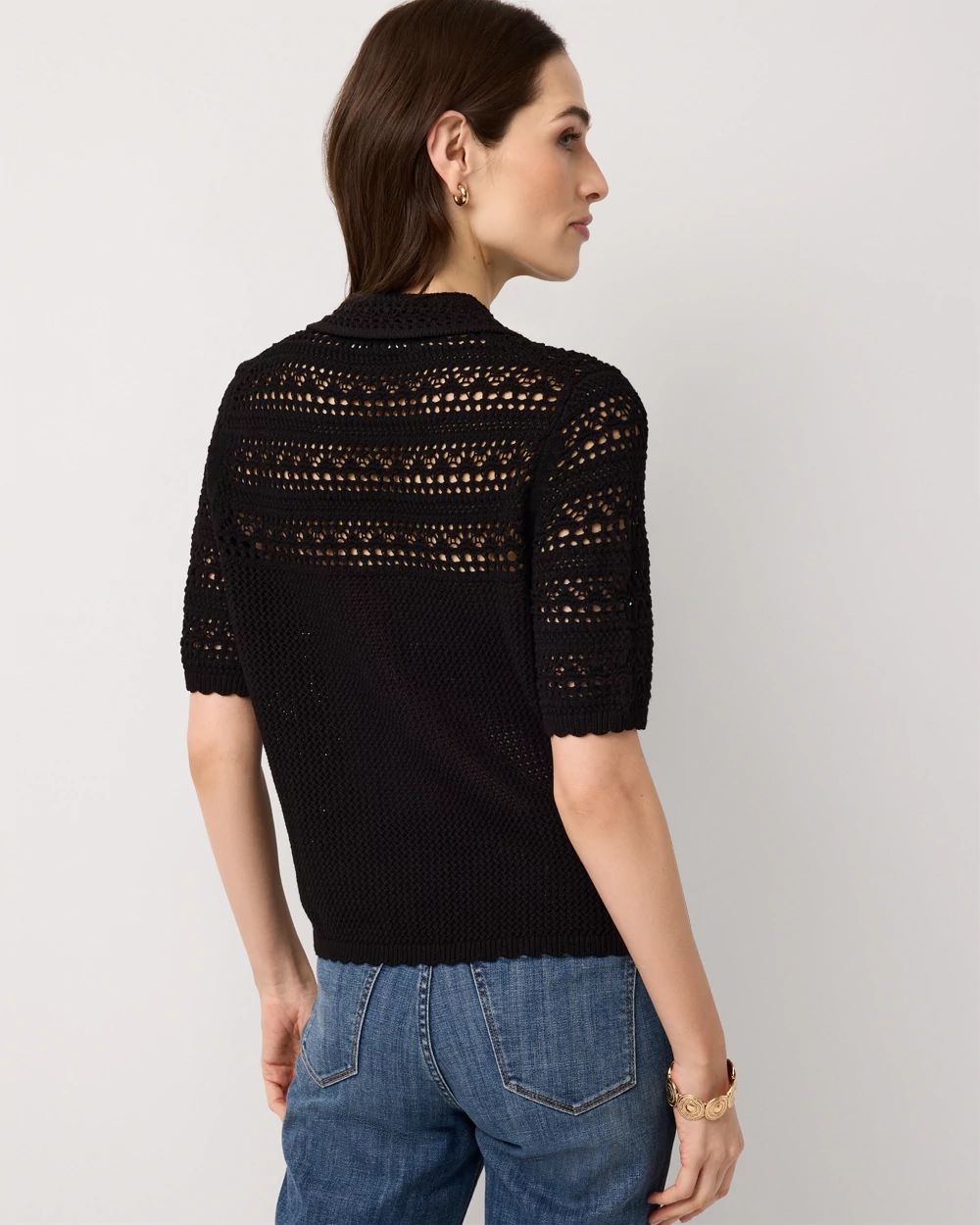 NKNIT crochet mini tops ニット カットソー 半袖 0 黒 Crochet Knit Top | White House Black Market